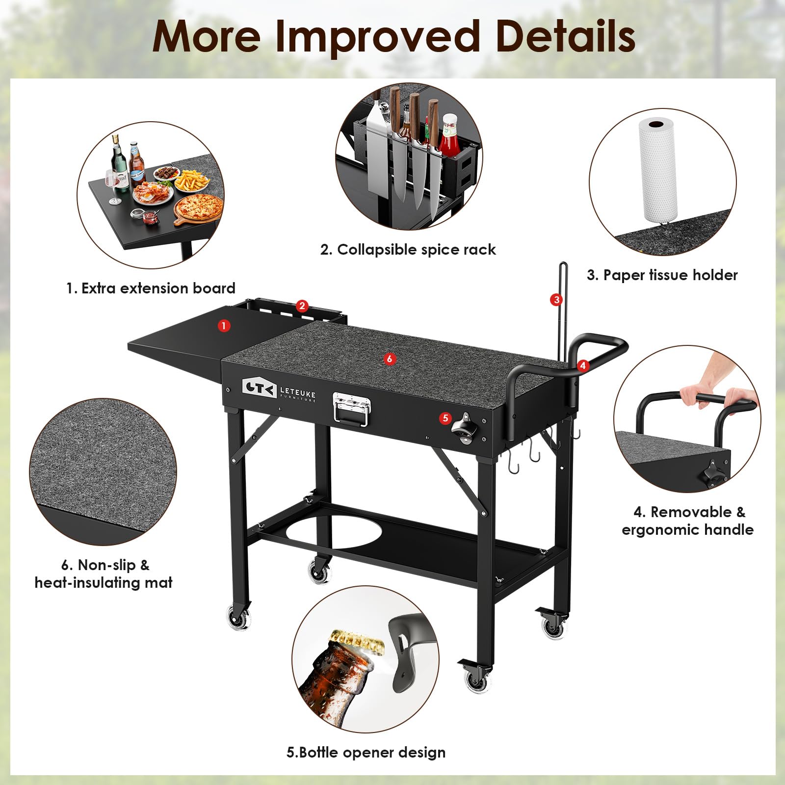 Leteuke Grill Cart for Blackstone Griddle, Portable Outdoor Grill Table, Foldable Cart Table with Wheels for Ninja, Griddle Stand Fit 17 Inch Or 22 Inch, BBQ Prep Tables with Seasoning Tray - Image 4