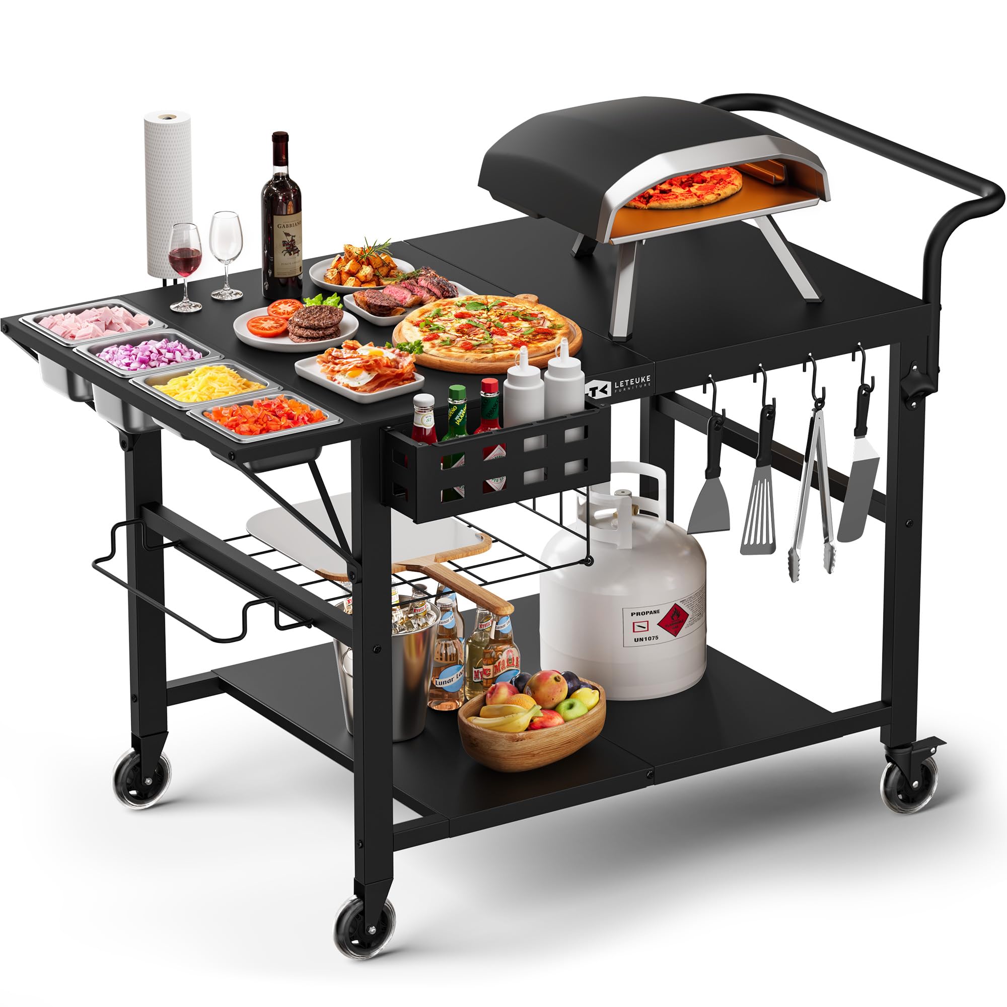 Leteuke Pizza Oven Table, Grill Cart Table for Blackstone Griddle, Outdoor Pizza Oven Stand Fits Ninja, Cuisinart, Gozney, Solo Stove, BBQ Prep Tables Station with Seasoning Tray, 47.2"x27.5"x35.8"