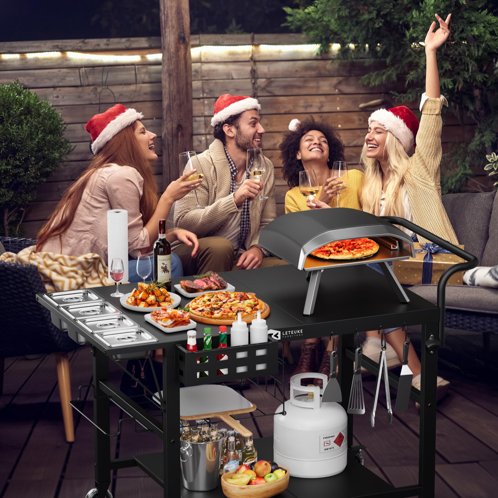 Leteuke Pizza Oven Table, Grill Cart Table for Blackstone Griddle, Outdoor Pizza Oven Stand Fits Ninja, Cuisinart, Gozney, Solo Stove, BBQ Prep Tables Station with Seasoning Tray, 47.2"x27.5"x35.8" - Image 2