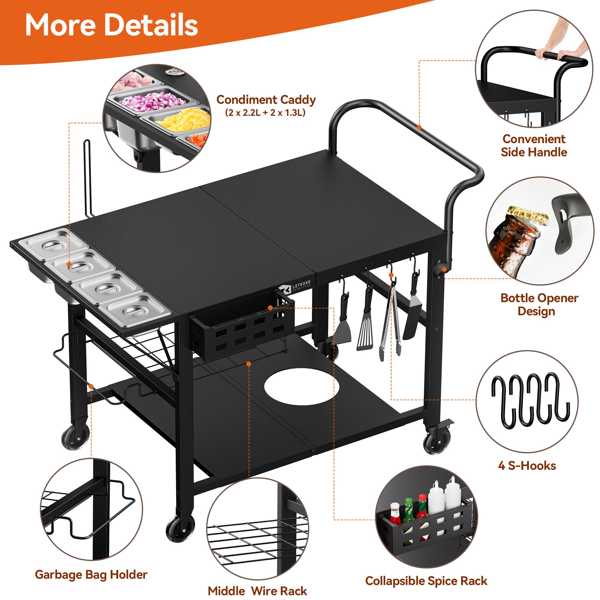 Leteuke Pizza Oven Table, Grill Cart Table for Blackstone Griddle, Outdoor Pizza Oven Stand Fits Ninja, Cuisinart, Gozney, Solo Stove, BBQ Prep Tables Station with Seasoning Tray, 47.2"x27.5"x35.8" - Image 5