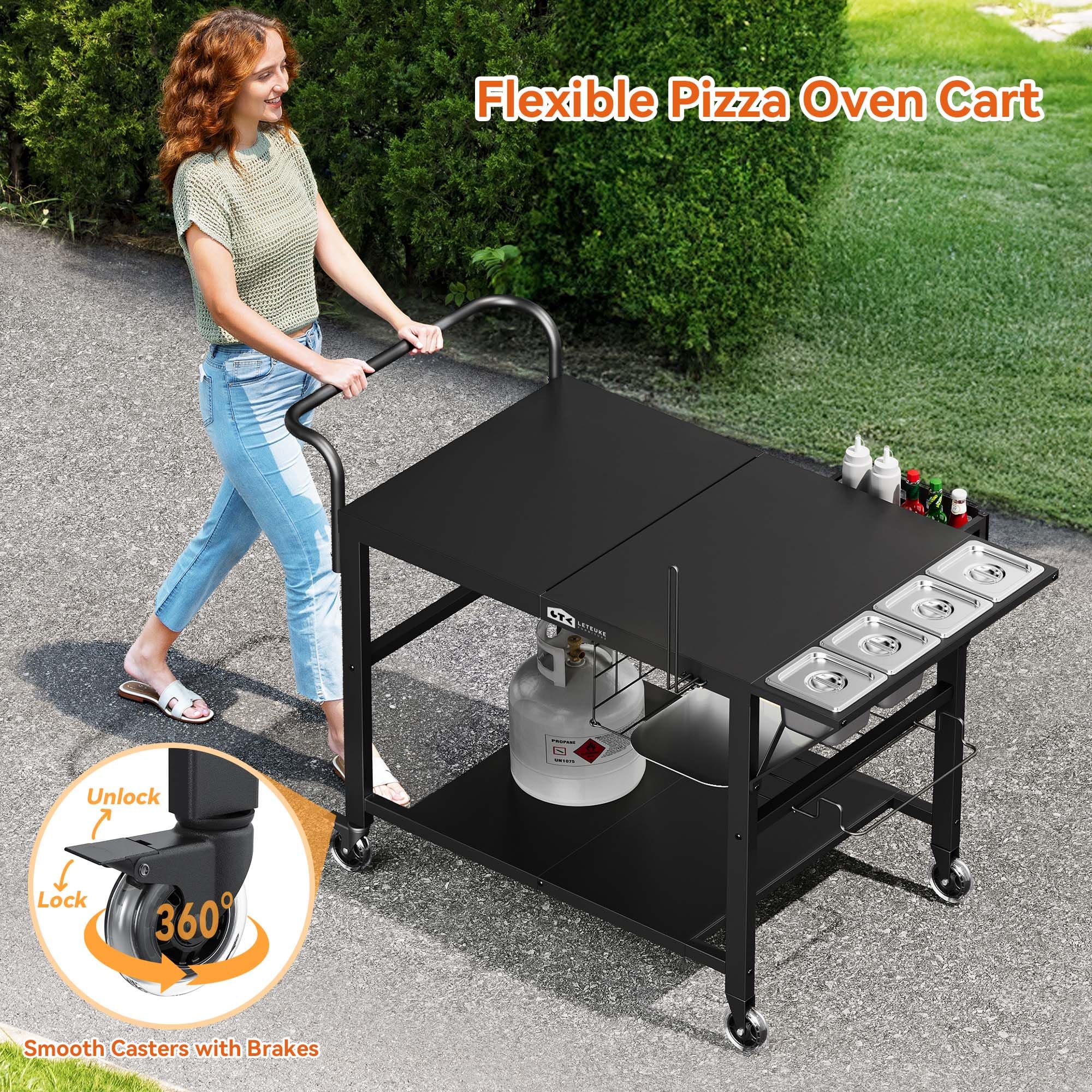 Leteuke Pizza Oven Table, Grill Cart Table for Blackstone Griddle, Outdoor Pizza Oven Stand Fits Ninja, Cuisinart, Gozney, Solo Stove, BBQ Prep Tables Station with Seasoning Tray, 47.2"x27.5"x35.8" - Image 8