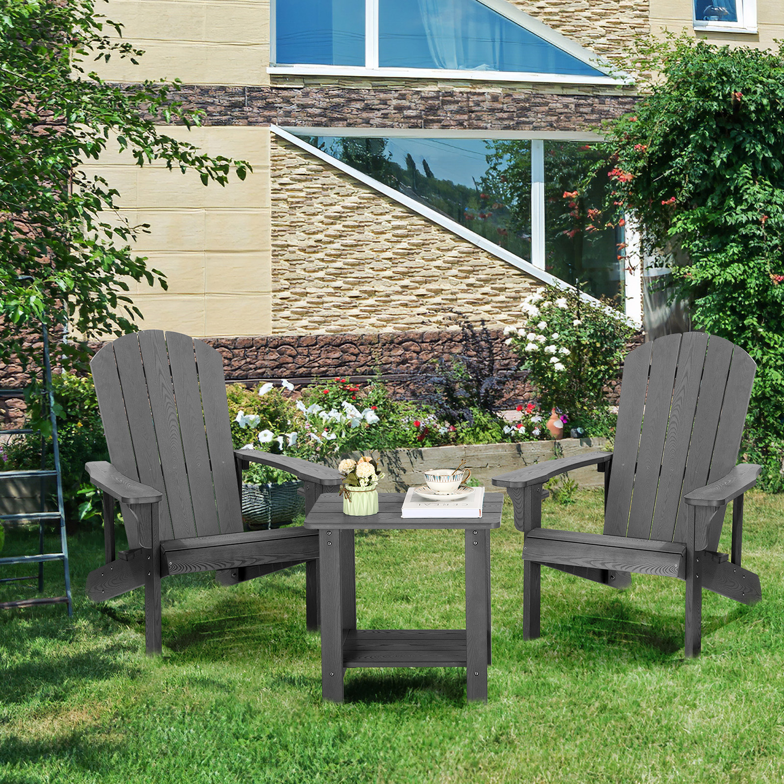 Leteuke Outdoor Side Table, Weather Resistant Outdoor Side Tables for Patio, Poly Lumber Adirondack Table, Rectangular Double Tier End Table for Backyard, Pool, Lawn, Beach, Indoor, Gray - Image 2