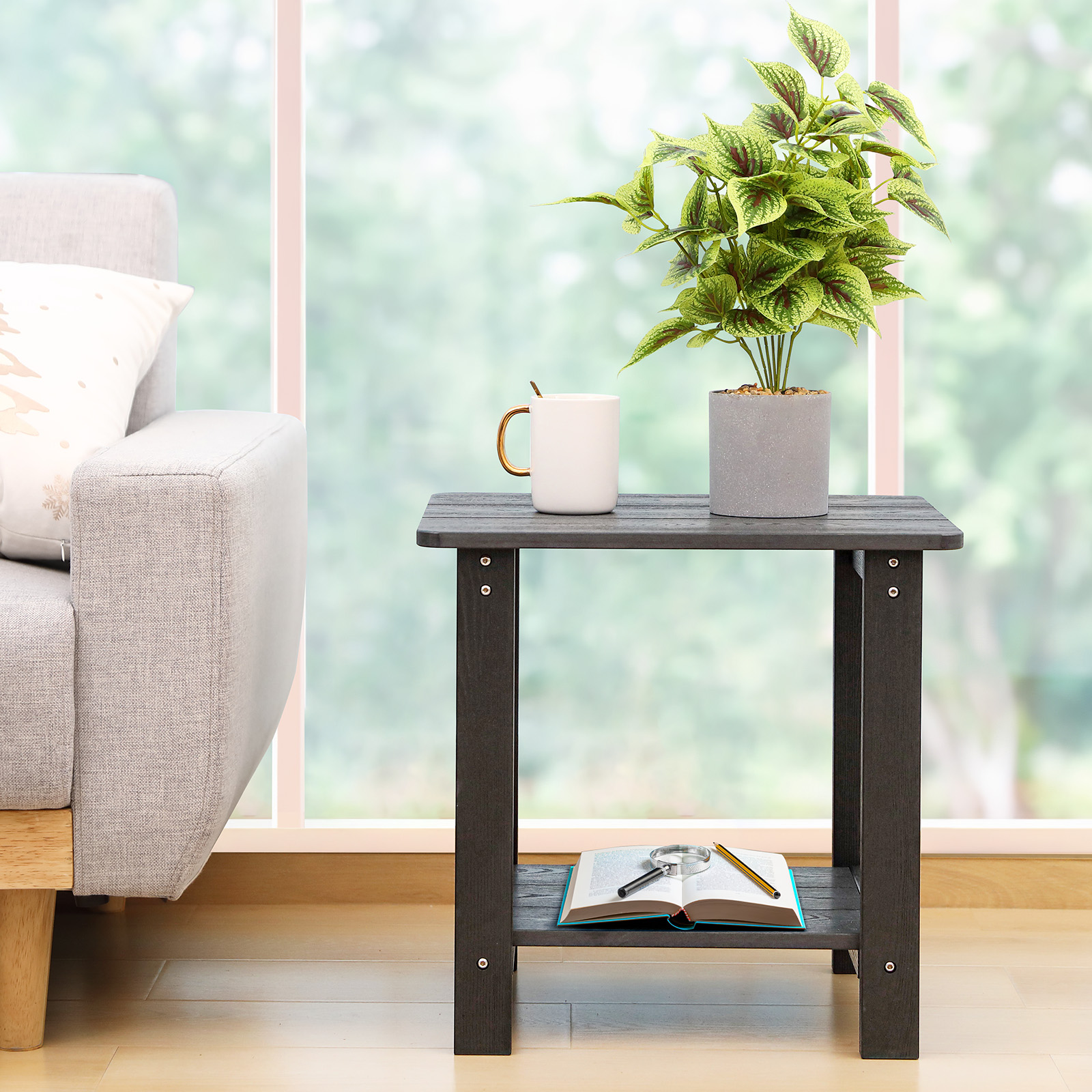 Leteuke Outdoor Side Table, Weather Resistant Outdoor Side Tables for Patio, Poly Lumber Adirondack Table, Rectangular Double Tier End Table for Backyard, Pool, Lawn, Beach, Indoor, Gray - Image 8