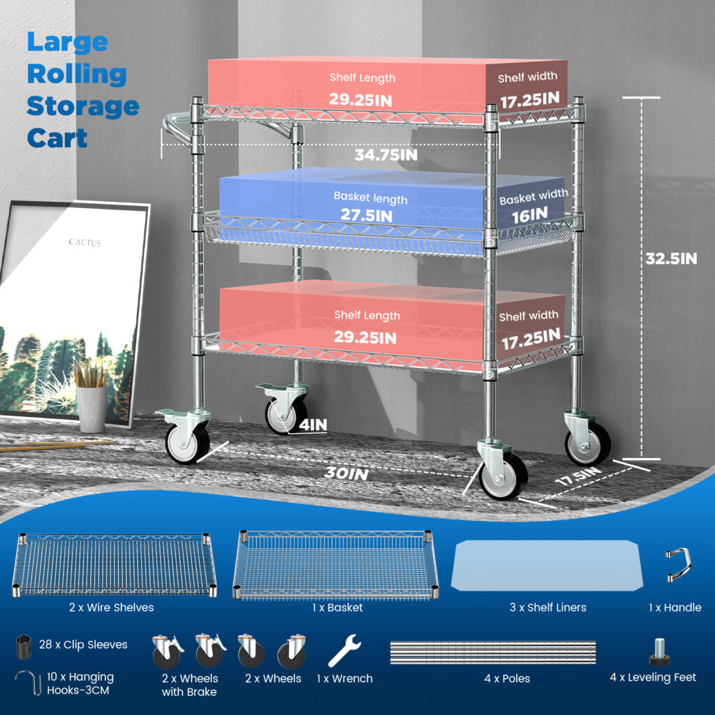 Leteuke 3 Tier Rolling Carts With Wheels,Heavy Duty Utility Bar Cart For Kitchen Gold - View #3