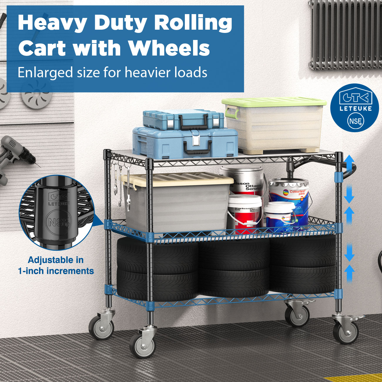 Leteuke Heavy Duty 3 Tier Rolling Cart with Wheels, NSF Certified 1120LBS Capacity Commercial Grade Rolling Utility Carts with Handle Bar & Shelf Liners,45" x 25" x 39" Storage Cart for Kitchen,Black - Image 2