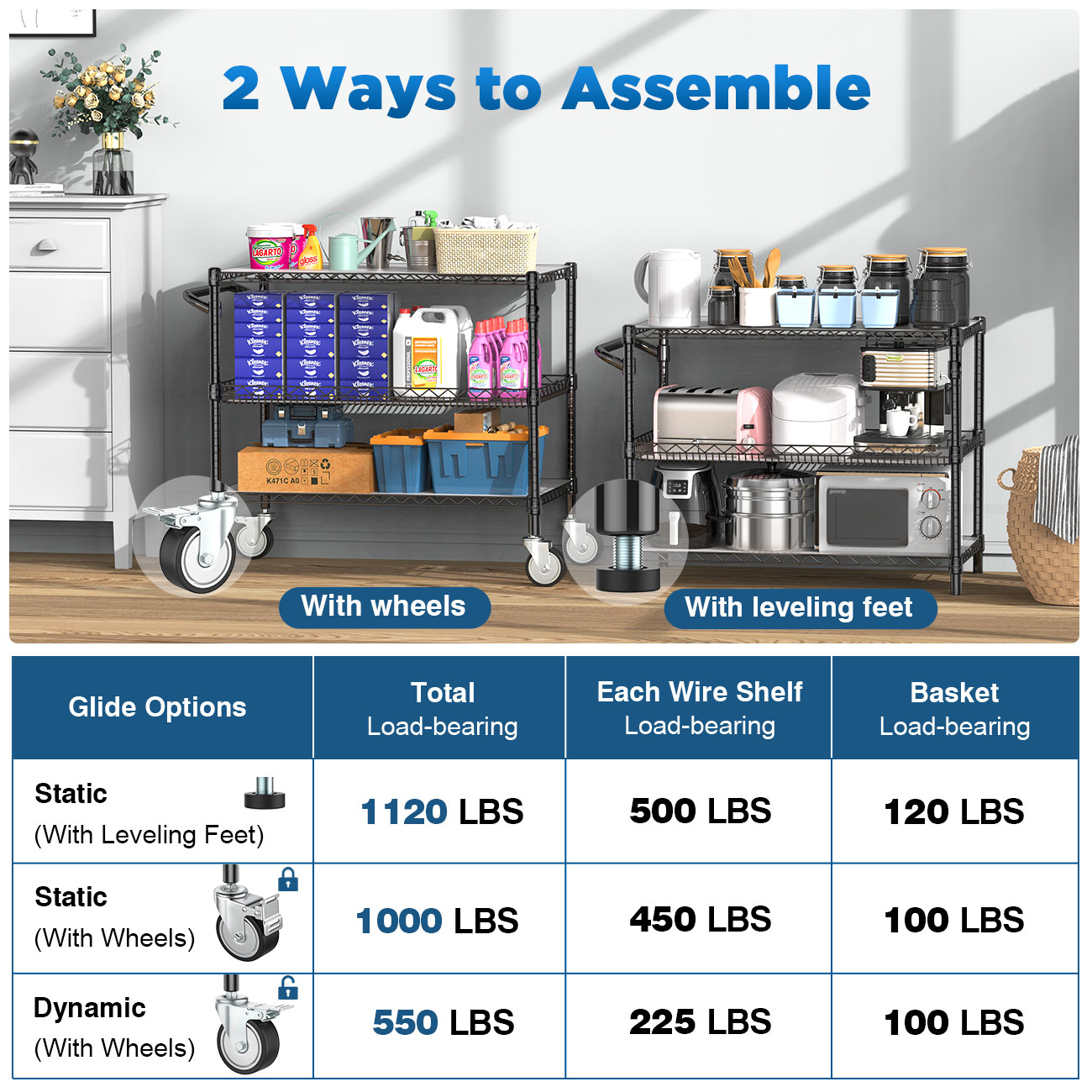 Leteuke Heavy Duty 3 Tier Rolling Cart with Wheels, NSF Certified 1120LBS Capacity Commercial Grade Rolling Utility Carts with Handle Bar & Shelf Liners,45" x 25" x 39" Storage Cart for Kitchen,Black - Image 4