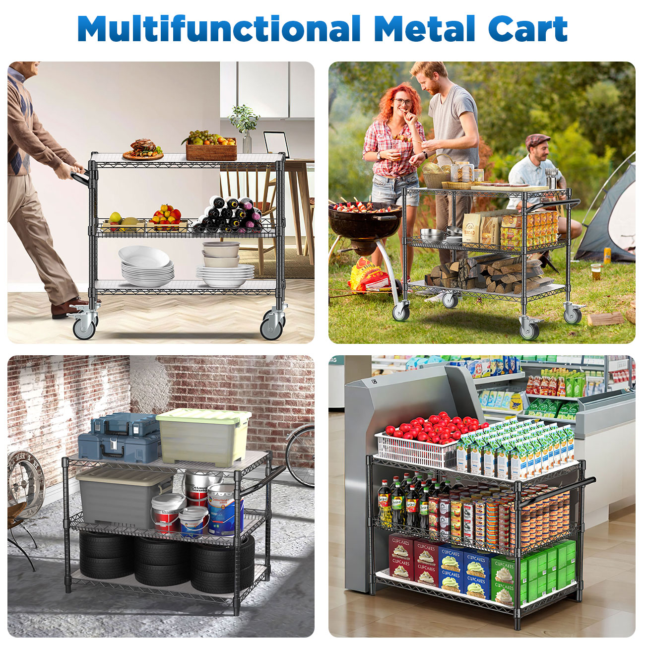 Leteuke Heavy Duty 3 Tier Rolling Cart with Wheels, NSF Certified 1120LBS Capacity Commercial Grade Rolling Utility Carts with Handle Bar & Shelf Liners,45" x 25" x 39" Storage Cart for Kitchen,Black - Image 5