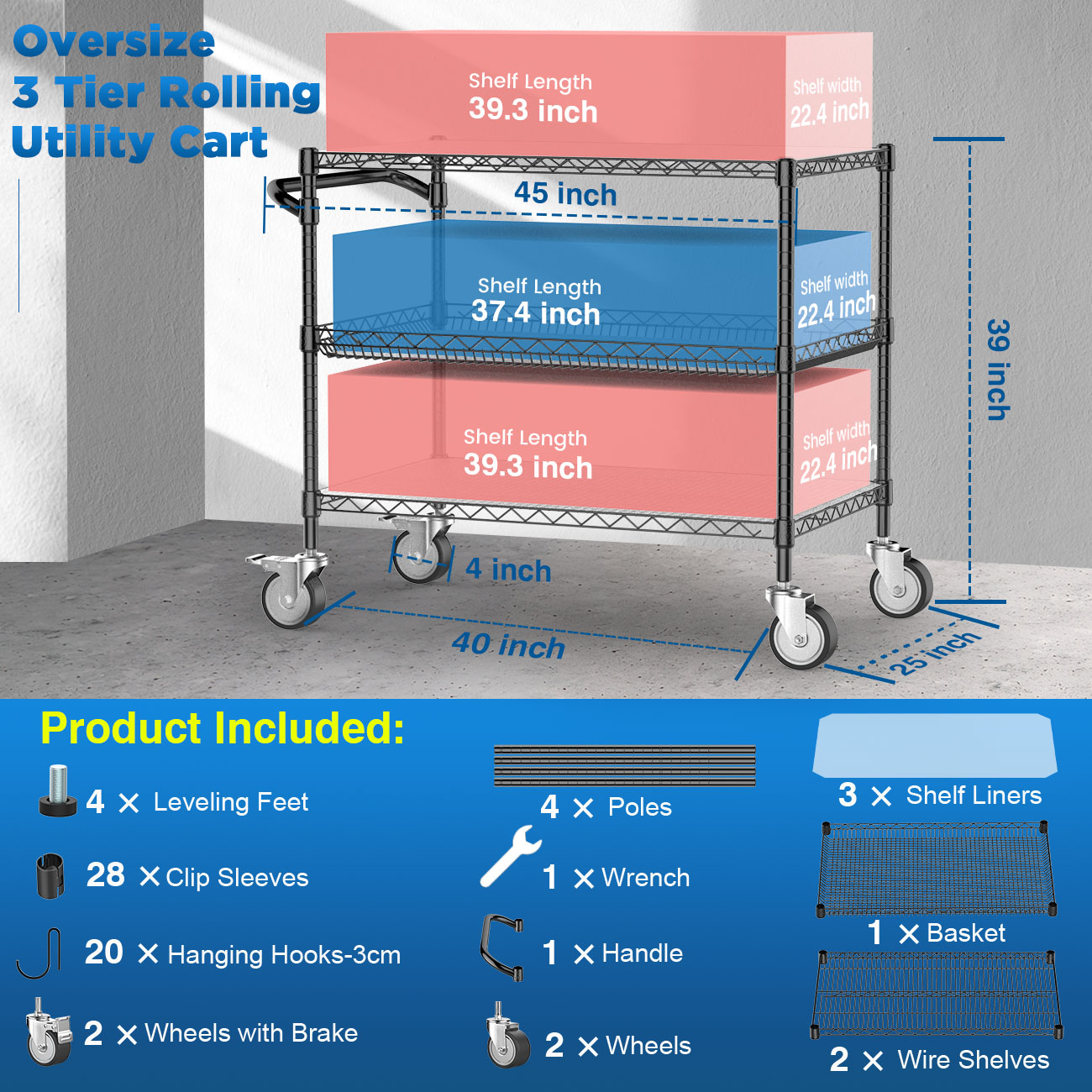 Leteuke Heavy Duty 3 Tier Rolling Cart with Wheels, NSF Certified 1120LBS Capacity Commercial Grade Rolling Utility Carts with Handle Bar & Shelf Liners,45" x 25" x 39" Storage Cart for Kitchen,Black - Image 6