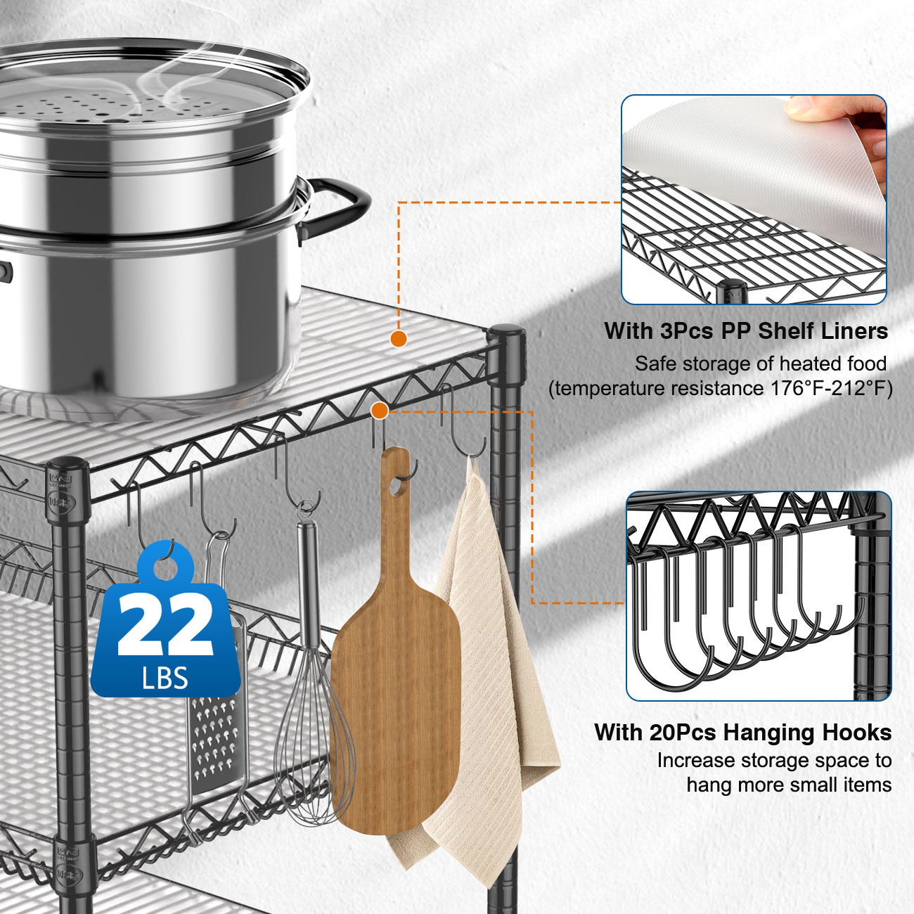 Leteuke Heavy Duty 3 Tier Rolling Cart with Wheels, NSF Certified 1120LBS Capacity Commercial Grade Rolling Utility Carts with Handle Bar & Shelf Liners,45" x 25" x 39" Storage Cart for Kitchen,Black - Image 7