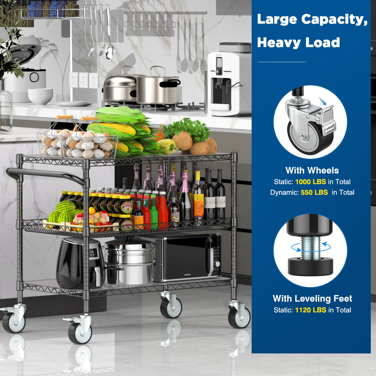 Leteuke Heavy Duty 3 Tier Rolling Cart with Wheels, NSF Certified 1120LBS Capacity Commercial Grade Rolling Utility Carts with Handle Bar & Shelf Liners,45" x 25" x 39" Storage Cart for Kitchen,Black - Image 8