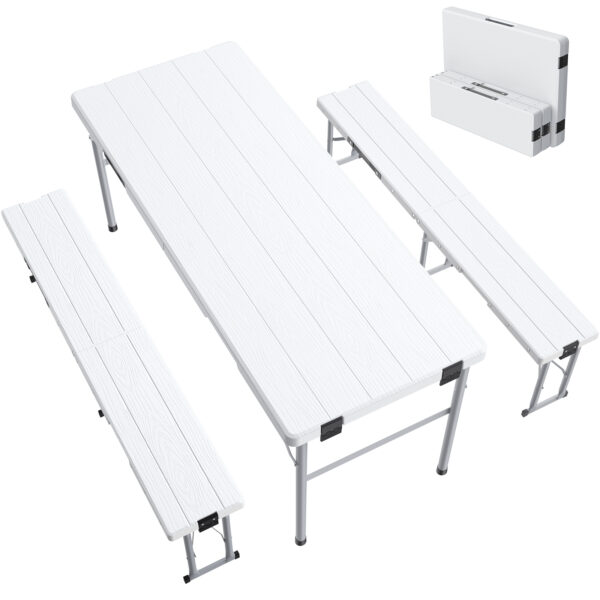 6' Picnic Table Set w/2 Benches 3-Piece 1-Case Camping Table Chair Set | HDPE Tree Pattern Top for Indoor or Outdoor Use Working Meeting Party, Camping, Picnic, Weddings With Handle Safety Locks