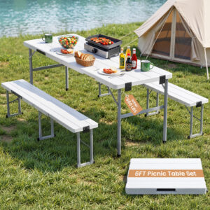 6' Picnic Table Set w/2 Benches 3-Piece 1-Case Camping Table Chair Set | HDPE Tree Pattern Top for Indoor or Outdoor Use Working Meeting Party, Camping, Picnic, Weddings With Handle Safety Locks