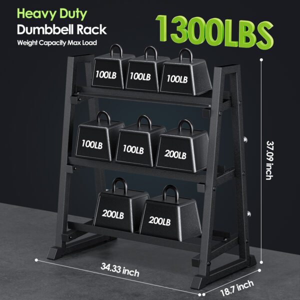 Leteuke 3 Tier Dumbbell Rack Stand Only, 1300LBS Heavy Duty | Trapezoidal Frame for Stability, Space-Saving Design; Fits Dumbbells, Kettlebells, Barbells for Home Gym