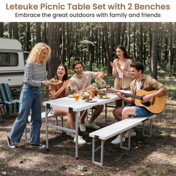 6' Picnic Table Set w/2 Benches 3-Piece 1-Case Camping Table Chair Set | HDPE Tree Pattern Top for Indoor or Outdoor Use Working Meeting Party, Camping, Picnic, Weddings With Handle Safety Locks