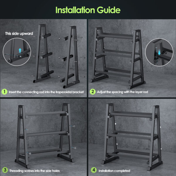Leteuke 3 Tier Dumbbell Rack Stand Only, 1300LBS Heavy Duty | Trapezoidal Frame for Stability, Space-Saving Design; Fits Dumbbells, Kettlebells, Barbells for Home Gym