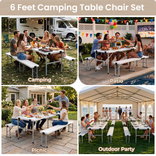 6' Picnic Table Set w/2 Benches 3-Piece 1-Case Camping Table Chair Set | HDPE Tree Pattern Top for Indoor or Outdoor Use Working Meeting Party, Camping, Picnic, Weddings With Handle Safety Locks